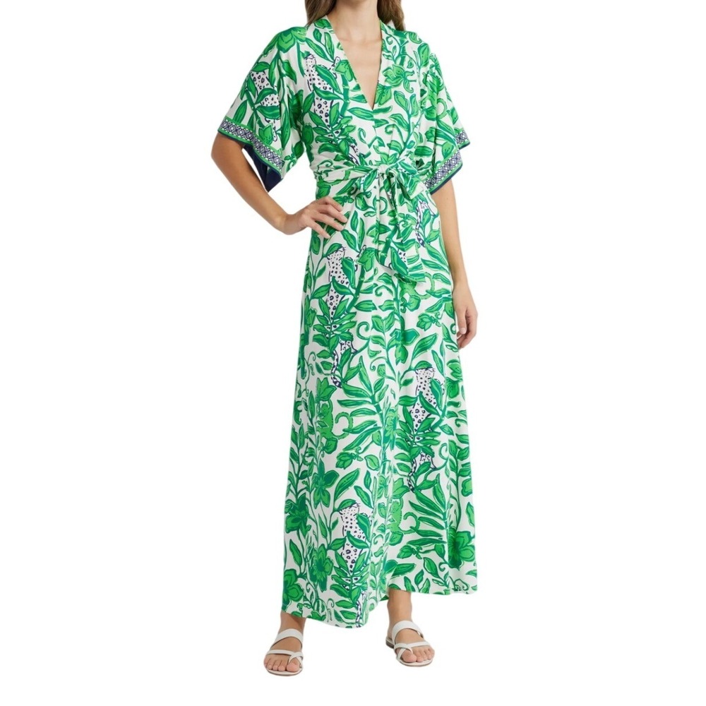 NWOT Lilly Pulitzer Wisteria Tie Front Maxi Dress Green White Leopard Tropical 0